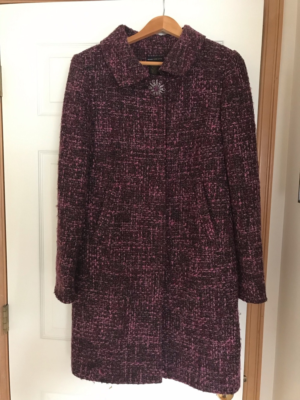 Wool-Blend Pink, Plum & Black Tweed Pea Coat